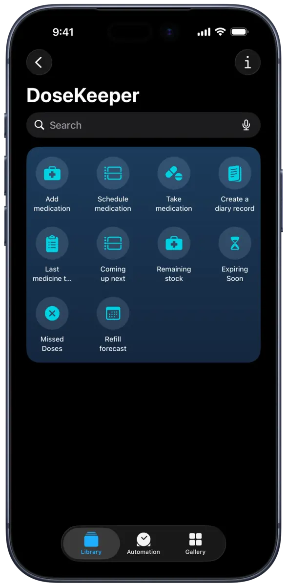 DoseKeeper App Shortcuts for adding, scheduling, and taking medicine plus stock and refill checks