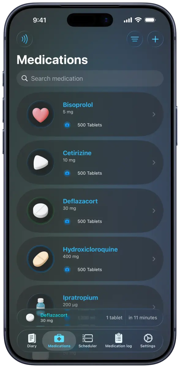 DoseKeeper medication list with medicine names and remaining quantities