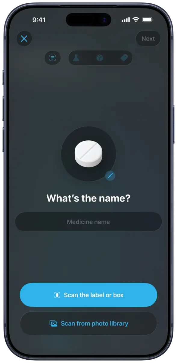 DoseKeeper medicine setup screen with options to scan a label, box, or photo-library image